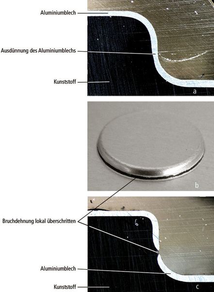 Bild 6: Beim integrierten Umformen wird das Blech im Strukturbereich dünner (Streckziehen, oben). Bei zu hohem Umformgrad kann es daher zu Rissen kommen (Mitte  und unten).  (Bild: Bilder: IKV)