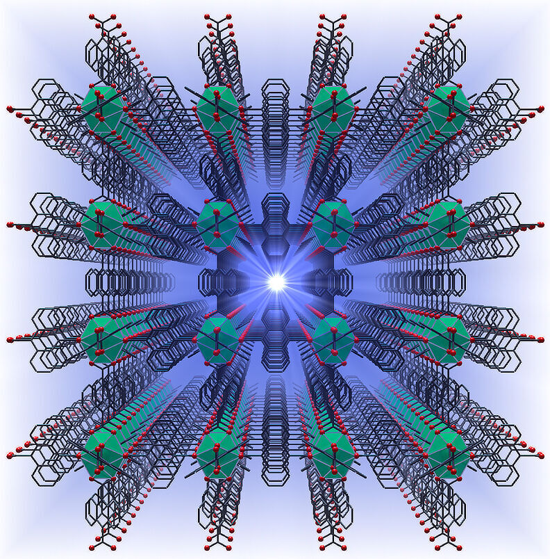 Künstlerische Darstellung der Szintillation im metallorganischen Gerüst: Die Lumineszenz liegt entsprechend der relativ großen Bandlücke im blauen Spektralbereich.