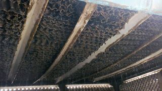 Biomassebeladene Tropfenabscheider drücken auf Träger in einem offenen Kühlturm  (Bild: Korinexan Industrial Services)