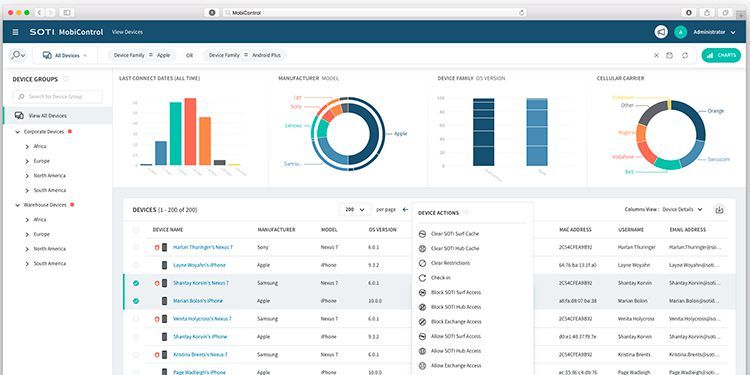 Soti –  MobiControl  Mobile Geräte und Apps sind entscheidend für den Erfolg eines Unternehmens. Ohne ein dediziertes Management über den gesamten Lebenszyklus können die Leistungsfähigkeit und die Sicherheit der Geräte und des Firmennetzes nicht gewährleistet werden. Soti MobiControl erledigt alles – für jedes Gerät, jeden Formfaktor, jedes Betriebssystem. Es vereinfacht die Verwaltung von mobilen Geräten und IoT-Endpunkten und erhöht die Sicherheit für optimale Mobilität auch in geschäftskritischen Bereichen. Zur Produktseite des Herstellers  (Bild: Soti)