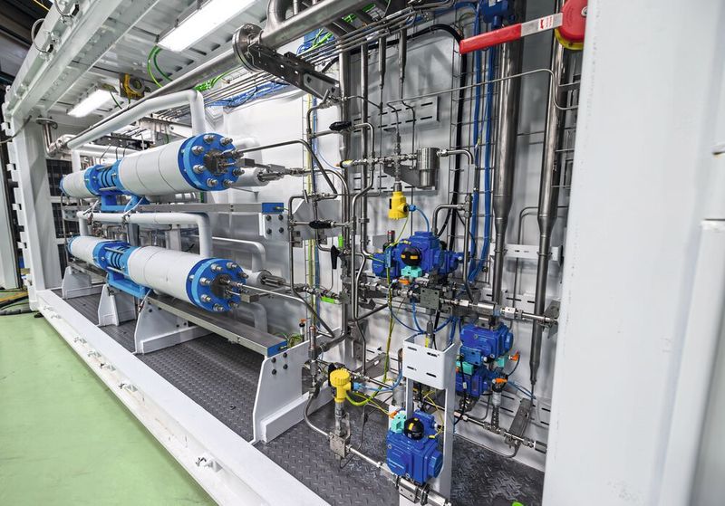 Plug-and-Play-Lösung im Container: Die Wasserstoffkompressionstechnologie von Hiperbaric schaltet Kompressoreinheiten in Reihe. Die zuverlässige Druckmessung ist beim Verdichtungsprozess von entscheidender Bedeutung. (Bild: Hiperbaric)
