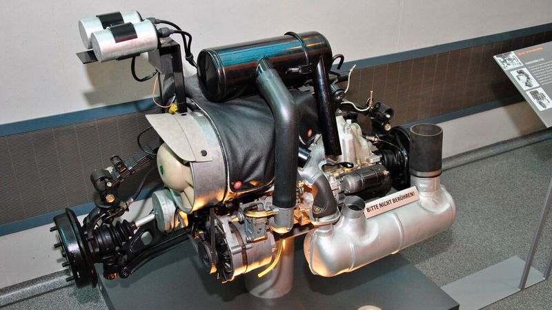 Trabant-Antriebseinheit: Der von den Barkas-Werken produzierte Zweizylinder-Zweitaktmotor des Trabant war zwar relativ temperamentvoll, galt aber wegen der Abgasbelastung, des hohen Treibstoffverbrauchs und des unkultivierten Leerlaufs schon ab den Sechzigerjahren nicht mehr als zeitgemäß. Anfangs mit einem Hubraum von 0,5 Litern leistete er 13 bis 15 kW (17 bis 20 PS), später mit 0,6 Liter 17 bis 19 kW (23 bis 26 PS). (Bild: Dominsky – VCG)