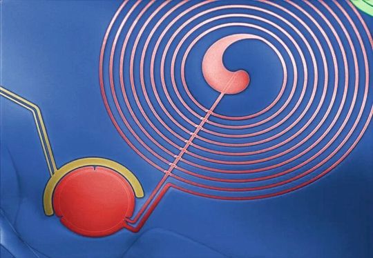 Eine neue Generation von Nano-Sensoren kommt ohne aufwendige, störanfällige optische Aufbauten aus. Im Bild das Nano-Device mit Kondensator (roter Kreis) und planarer Spule.(Bild:  TU Wien)