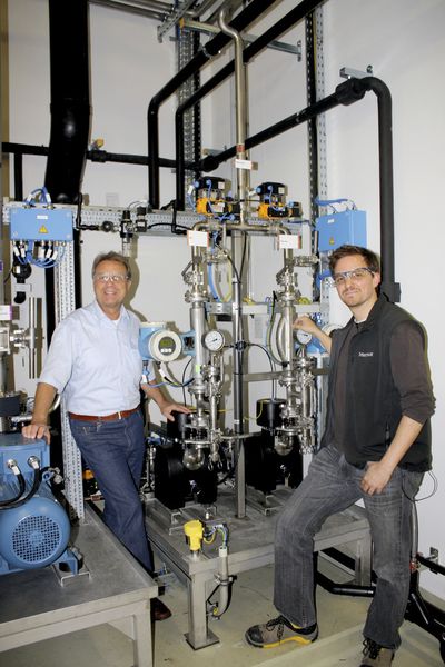 Florian Habeck (right), Assistant Tank Manager for Roche Diagnostics, has been extremely pleased with the solvent-handling performance of the Almatec E25 Series AODD Pumps that were recommended by Harald Vogl (left), Regional Sales Manager for Almatec. (Picture: Almatec)