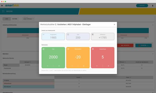 (Der neue smartblick-Werkstückzähler kalkuliert fortlaufend den Mittelwert für die Bearbeitungszeit pro Einzelteil. Der Produktionsfortschritt einzelner Werkstücke kann über das Webinterface für jede CNC-Maschine in Echtzeit verfolgt werden. (Bild: smartblick))