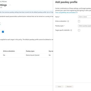 Unter „Passkey (FIDO2) settings“ erlaubt das Standardprofil gerätegebundene und synchronisierte Passkeys ohne Nachweis, über "Add profile" legt der Administrator weitere Profile an.(Bild:  Thomas Joos)