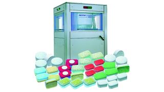 Bei der Baureihe 4090i handelt es sich um eine Dreifach-Rundläuferpresse für ein- bis dreischichtige Produkte (oder eine entsprechend höhere Ausbringung) wie Wasch- und Reinigungsmittel-Tabs. Bild: Fette (Archiv: Vogel Business Media)