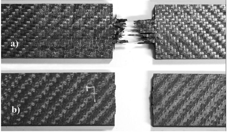 a) Quasiduktiles Versagen mit Faserbündel-Pull-out-Effekt bei dem Verbundwerkstoff mit ausreichend schwacher Matrix und Gesamtporosität größer als 16%, Festigkeit 425 MPa, b) sprödes Versagen mit in der Rissebene geschnittenen Fasern bei dem Verbundwerkstoff mit verdichteter Matrix und Gesamtporosität kleiner als 4%, Festigkeit 50 MPa. Bild: Uni Bremen (Archiv: Vogel Business Media)