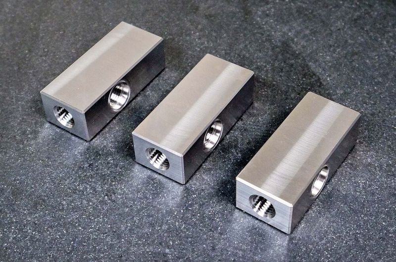 Examples of the stainless-steel valve manifold for an oil and gas industry customer that Optimal produced 24/7 for three months in the automated prismatic machining cell, shortly after it became operational. (Source: Whitehouse Machine Tools )