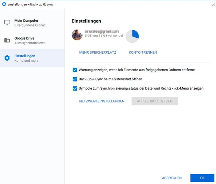 Einstellungen für die Verwendung von Google Backup & Sync. (Thomas Joos)
