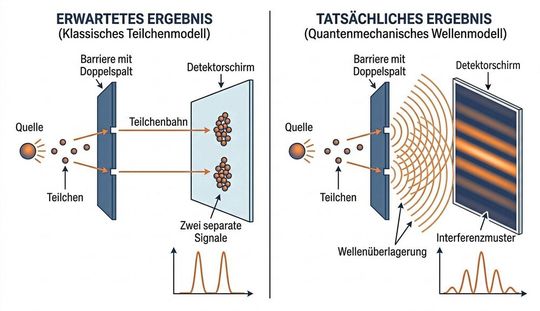 Schematischer Aufbau und Ergebnis des Doppelspalt-Versuchs: Obwohl einzelene Photonen zur Blende geschickt werden, verhalten sie sich nach Durchqueren des Spaltes nicht wie klassische Teilchen. Stattdessen zeigt sich über viele einzelne Photonen hinweg ein Interferenzmuster, welches für Wellen typisch ist.(Bild:  Gemini / KI-generiert)