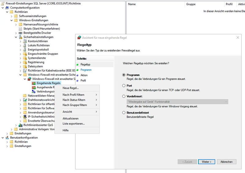 Über das Kontextmenü von Eingehende Regel oder Ausgehende Regel bei Computerkonfiguration\Richtlinien\Windows-Einstellungen\Sicherheitseinstellungen\Windows-Firewall mit erweiterter Sicherheit lassen sich neue Regeln mit dem gleichen Assistenten erstellen, wie beim Erstellen lokaler Regeln, ohne Richtlinien. (Thomas Joos)