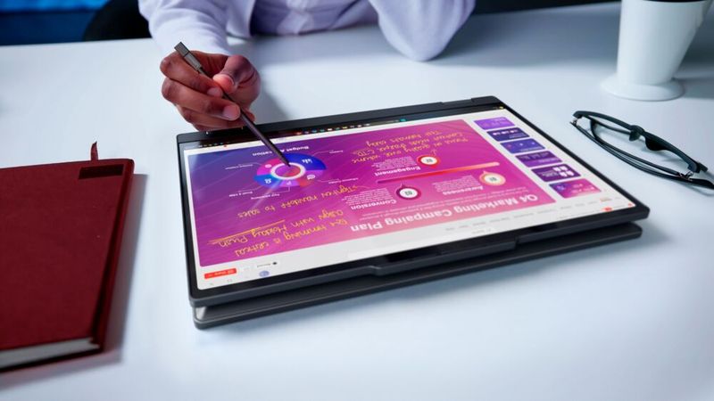 Beim Thinkpad T14s 2-in-1 Gen 2er gehört der Stift für Notizen, Anmerkungen und Dokumentmarkierungen zum Lieferumfang. Er hat nun einen Parkplatz im Gehäuse. (Bild: Lenovo)