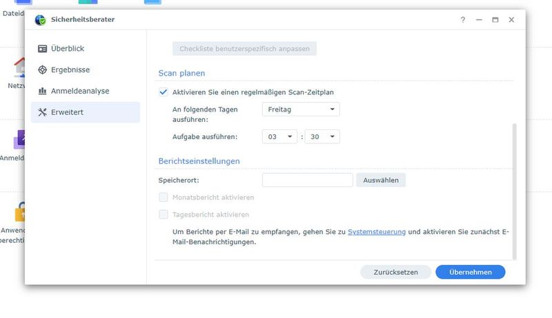 Der Sicherheitsberater auf dem Synology-NAS kann das System regelmäßig automatisiert scannen. (Bild: Joos - Synology)