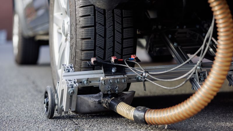Ein Messfahrzeug sammelt mithilfe eines speziellen Staubsaugers die hinter einem angetriebenen Rad auftretenden Partikel im Realbetrieb.(Bild:  Continental)