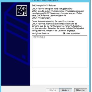 Abbildung 3: Im ersten Fenster werden die konfigurierten IP-Bereiche des Quell-DHCP-Servers angezeigt. Hier können Administratoren auswählen, welche IP-Bereiche hochverfügbar konfiguriert und auf den zweiten Server repliziert werden sollen.(Bild:  Joos)