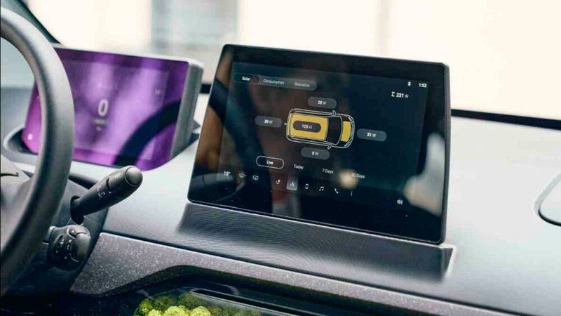 Auf dem zentralen Display kann man sich anzeigen lassen, welche Fahrzeugseite aktuell wie viel Solarstrom produziert. (Bild: Sono Motors)
