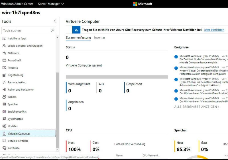 Im Windows Admin Center können virtuelle Computer und Switches zentral über einen Webbrowser verwaltet werden. (Microsoft / Joos)