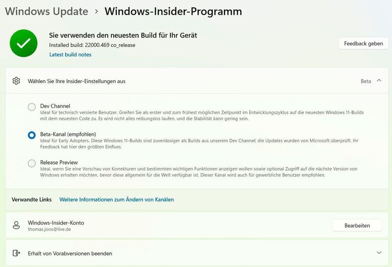 Konfigurieren des Windows Insider-Programmes in Windows 11. (Joos)