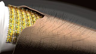 Künstliche elektronische Haut (E-Skin): Hochintegrierte flexible mikroelektronische 3D-Sensorik nimmt Bewegung von Härchen auf künstlicher Haut wahr.  (Bild: Forschungsgruppe Prof. Dr. Oliver G. Schmidt, TU Chemnitz)