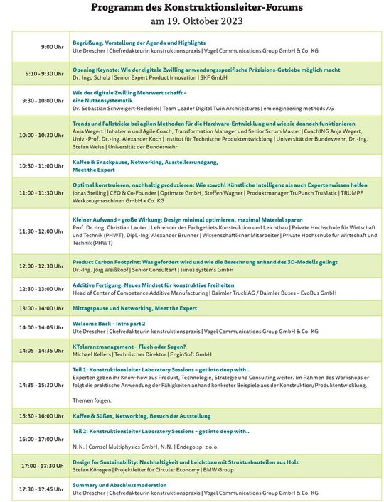 Das Programm des Konstruktionsleiter-Forums 2023 (Änderungen vorbehalten).(Bild:  VCG)