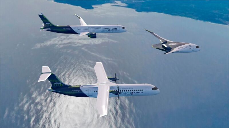  The three ZEROe hydrogen-powered aircraft concepts. Top to bottom: turbofan, blended-wing body, and turboprop.  (Airbus)