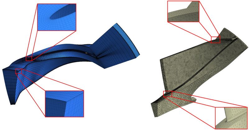 In TurboGrid erstelltes Hexaedernetz mit ca. 400.000 Netzknoten (links für den Strömungskanal); Tetraedernetz mit ca. 200.000 Netzknoten (rechts für die Laufradstruktur). (Bild: Dynardo)