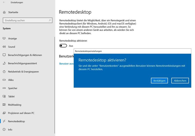 Remotedesktop in der Einstellungsapp von Windows 10/11 oder Windows Server 2022 aktivieren. (Bild: Joos / Microsoft)