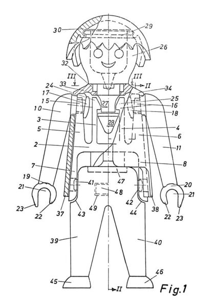 Der Chefentwickler der Firma Geobra Brandstätter, Hans Beck, meldete 1972 „Spielzeugfiguren“ zum Patent an, die aus einem umkleidetes Tragstück bestanden, die den am Kopf angebrachten Steckzapfen wie auch die Arme und Beine arretiert: Die Playmobil-Figuren waren geboren. Schon bei dieser Urform können die Hände einen hinein gedrückten Gegenstand halten und verschiedene Kopfbedeckungen oder Perücken können ausgetauscht werden.  (Deutsches Patent- und Markenamt)