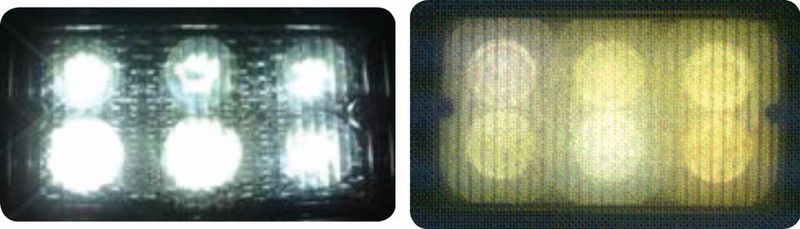 Bild 2: Bereits nach einer Einsatzdauer von 100 Stunden kann es bei LED-Leuchten zu einer merklichen Gelbverfärbung kommen (rechts), wenn inkompatible chemische Substanzen verwendet werden. ( Cree)