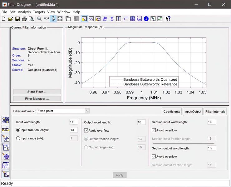 Bild 3: Das Verhalten des Filters nach der Quantisierung der Ein- und Ausgangsdaten sowie der Koeffizienten. (Bild: Digilent)