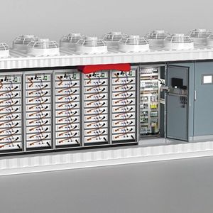 Typischer Aufbau eines Batterie-Großspeichers. Einzelne Batteriemodule werden zu größeren Einheiten verschaltet und in wetterfesten Containern angeordnet.(Bild:  Phoenix Contact)