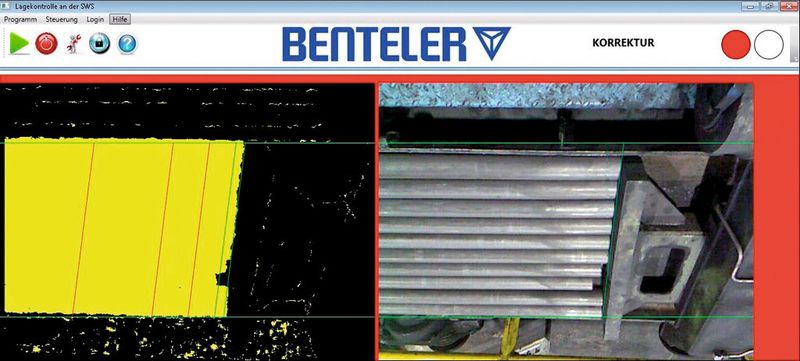 Bild 2: Ein eigens entwickelter Algorithmus selektiert und wertet die im Sichtfeld befindlichen Rohrstränge aus; hier muss das Rohr korrigiert werden, ... (Benteler)