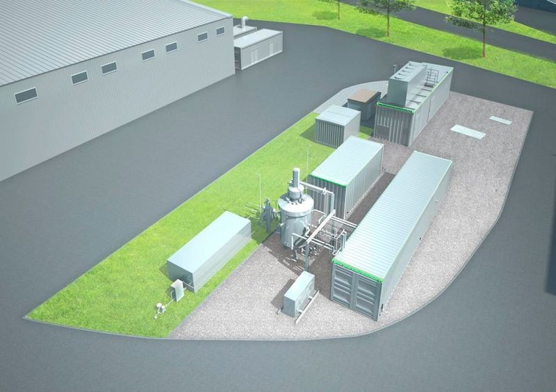 Demonstrationsanlage “BioPower2Gas”
(1) PEM Elektrolyseur (400 kW) von Schmack Carbotech,
Viessmann Group
(2) Biologische Methanisierung, Separater Druckbehälter
(3) Verfahrenstechnischer Container: Pumpen, Behälter,
Gasanalytik, Temperiersystem
(4) Steuerungstechnischer Container: Steuerung, Mess- und
Regeltechnik (Bild: Viessmann)