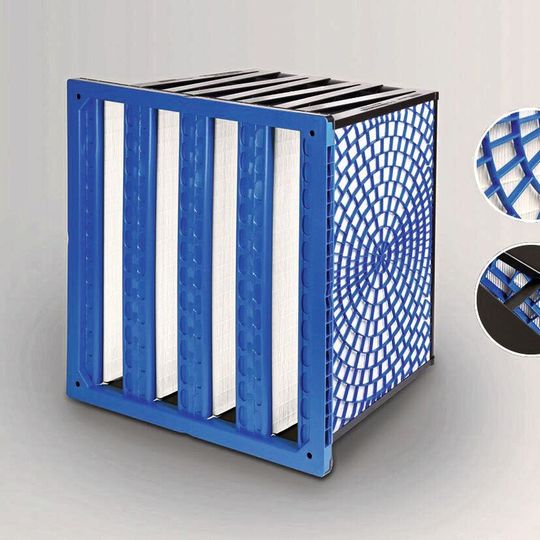 Spidermaxx-Kassettenfilter mit von der Natur inspirierten Berstschutzgittern und aerodynamischen Leitschaufeln. Spidermaxx-Kassettenfilter mit von der Natur inspirierten Berstschutzgittern und aerodynamischen Leitschaufeln.