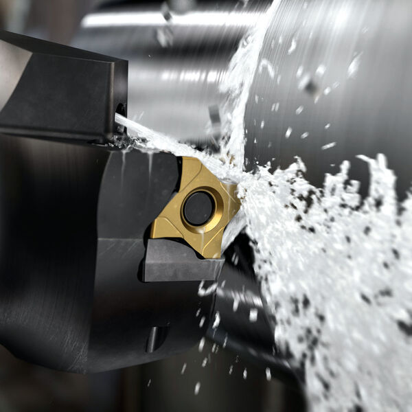 For longitudinal and face turning in steel operations, Sandvik has introduced Coroturn 300, which is said to provide stable insert clamping and has an eight-edged insert for high-chip control, tool life and surface finish. (Sandvik Coromant)