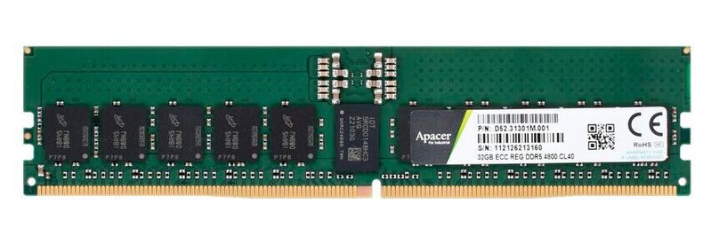 Speziell für den Einsatz in anspruchsvollen Industrieumgebungen fertigt Apacer DDR5-Speichermodule in gängigen Formaten wie diesen RDIMM-Riegel mit 32 GByte.