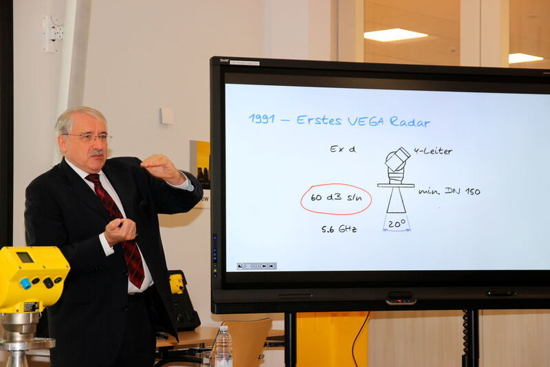 Vega-Geschäftsführer Günter Kech nahm die Teilnehmer in seinem Eröffnungsvortrag mit auf eine Reise in die Vergangenheit – zu den Anfängen der Radar-Füllstandmesstechnik im Jahr 1991. Das erste Vega-Gerät arbeitete mit 5,6 GHz bei einem Signal/Rausch-Verhältnis von 60 dB. (Kempf/PROCESS)
