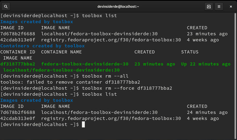 Per Exit-Befehl gelangt man wieder in die ursprüngliche Shell zurück, der Befehl „toolbox list“ zeigt alle verfügbaren Images und Container. Sollte man nicht umhin kommen, alle Container zu entfernen, soll dies eigentlich mit dem Befehl „toolbox rm -all“ funktionieren. Hin und wieder muss man das Schließen allerdings mit dem Parameter „--force“ für bestimmte Einträge forcieren. (Augsten / Fedora Silverblue)