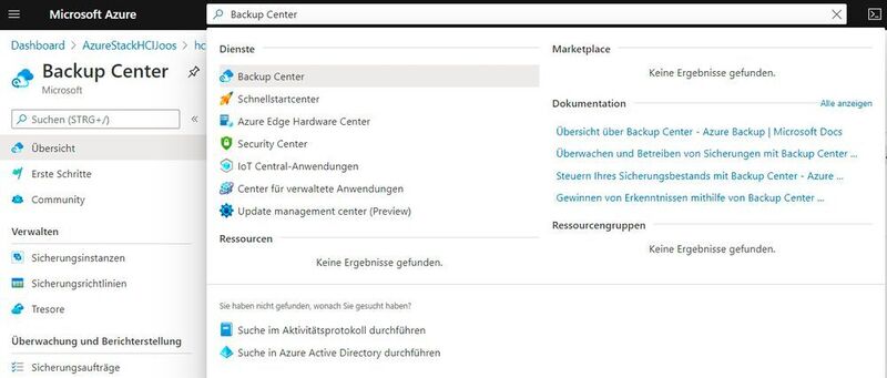 Microsoft Backup Center über das Azure-Portal starten. (Joos/Microsoft (Screenshot))