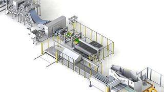 Schneider Electric produziert Oberteile und Wandelemente von Elektroschränken sowie  Montageplatten auf einer Pivatic-RAS-Linie. Alle 49 Sekunden entnimmt ein Entladeroboter eine Montageplatte am Auslauf der Produktionsstraße und stapelt sie ab. Bei weniger komplexen Teilen sind die Zykluszeiten sogar noch geringer. (Bild: RAS)