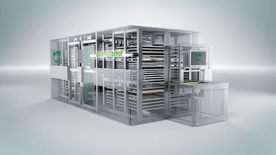 „SMART-FLEXDEPOT“ von AMI kommt überall dort zum Einsatz, wo eckige oder zylindrische Produkte sowie befüllte Tüten, in entsprechenden Größen und Gewichten, gelagert und kommissioniert werden müssen.(Bild:  AMI)