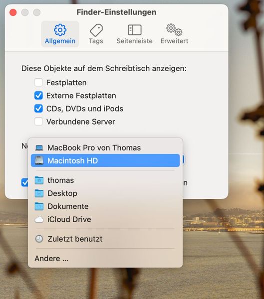 Es ist auch möglich, den Ordner festzulegen, den der Finder beim Öffnen neuer Fenster anzeigt. Dazu bieten die Einstellungen im Finder verschiedene Möglichkeiten an. (Bild: Joos (Screenshot))