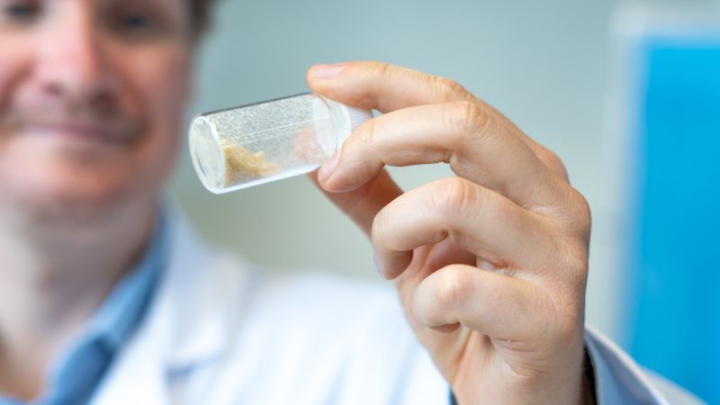 Juniorprofessor Linus Stegbauer zeigt eine Probe des im Labor pulverisierten und getrockneten Pilzmyzels.(Bild:  TU Bergakademie Freiberg / A. Hiekel)