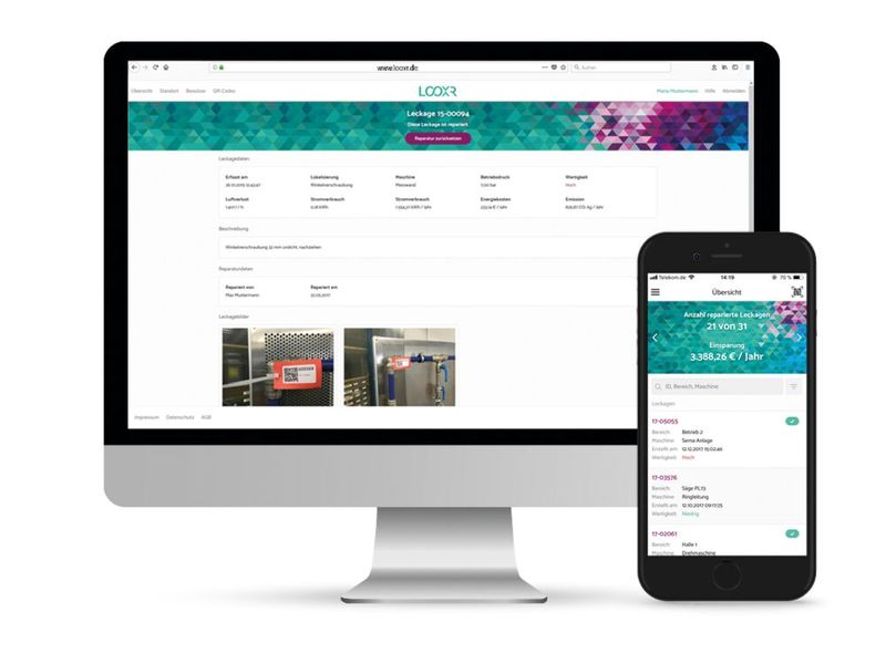 Mader dokumentiert geortete und beseitigte Druckluft-Leckagen mit der Leckage-App LOOXR. Kunden haben über die App und das dazugehörige Leckage-Portal den vollen Überblick über alle Druckluft-Leckagen und das damit verbundene Einsparpotenzial. (Bild: Mader)