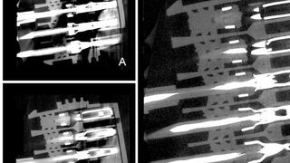 Mehr-Spektren-Tomografie: Durch Kombination mehrerer auf das jeweilige Material abgestimmter CT-Messungen (A und B) werden die Artefakte minimiert (C und D). (Werth Messtechnik)