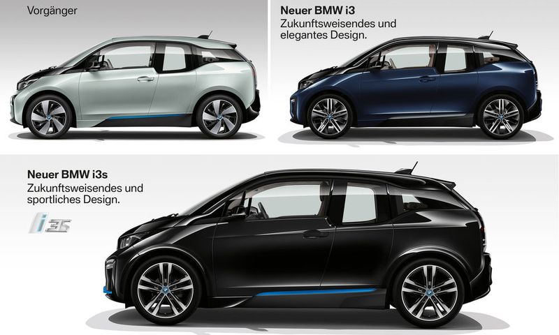 Das Vorgänger-Modell (links oben), der aktuelle i3 (rechts oben) und der i3s (unten) im direkten Vergleich. (Bild: BMW)