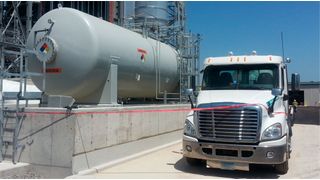 Chemical storage tanks can be horizontal or vertical vessels six to ten feet in diameter/height. It is not uncommon to see some type of non-contact level transmitter installed to provide level indication to the control room with a local display at the base of the tank.  (Source: Magnetrol)