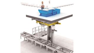 Die Fast Pick Station von Winkel besteht aus einem Kommissioniertisch auf einer Plattform, einem darunterliegenden Schacht sowie einem darin integrierten Folienstretcher. (Winkel)