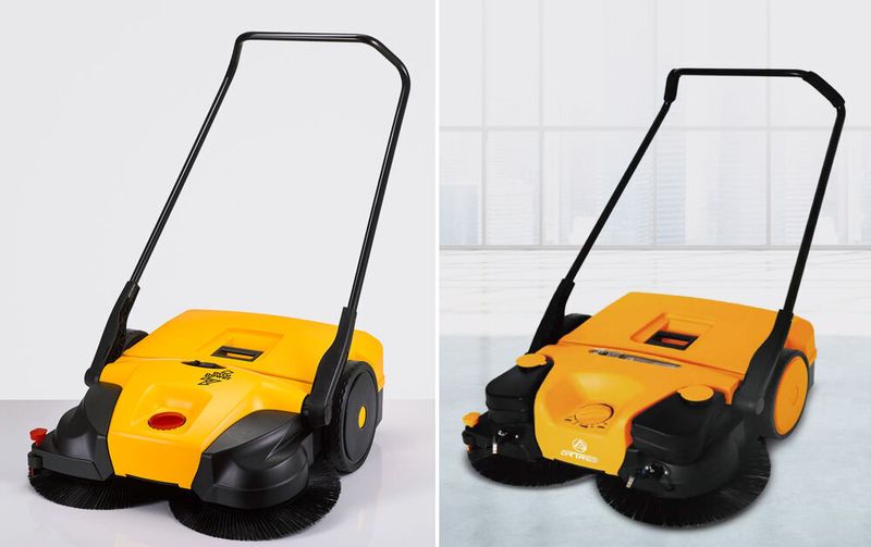 Die Kehrmaschine „Haaga 677 Profi” wird Original von der Haaga Kehrsysteme GmbH aus Deutschland (links im Bild) hergestellt. Design und Technik der Profi-Kehrmaschine wurden kopiert. Der Gesamteindruck ist identisch, es besteht Verwechslungsgefahr. Das Plagiat wurde auf einer Messe in den USA entdeckt. Versuche von Haaga, über Dritte aus China, den USA und Russland an ein Muster des Plagiats zu kommen blieben bislang erfolglos. (Aktion Plagiarius e.V.)